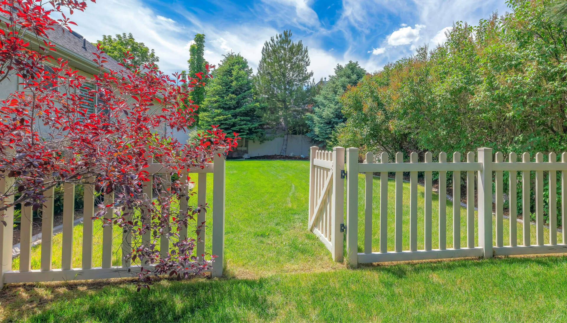 A functional fence gate providing access to a well-maintained backyard, surrounded by a wooden fence in Milwaukee